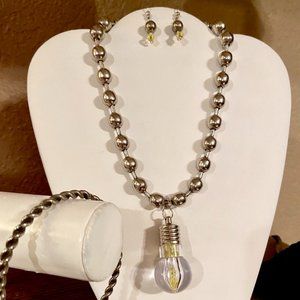 OOAK Handcrafted Silver tone Edison bulb Necklace and Earrings Set